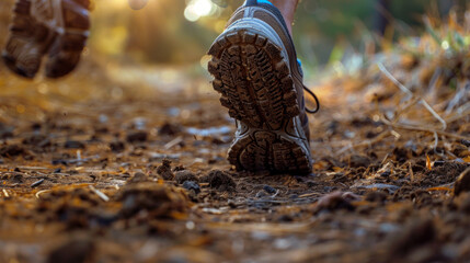 The image captures a hiker's journey through an autumnal forest, featuring the muddy tread of walking boots
