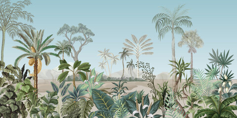 Tropical tree and Leaf jangle print, Beautiful jangle background with watercolor tree.  - obrazy, fototapety, plakaty