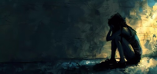 Dark illustration of a depressed girl. The woman is sad and terrified.