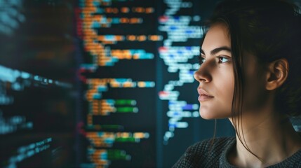 Woman programmer looks at computer screen. Female programming, digital design. Equality at work opportunities.