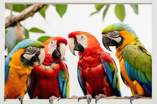 Parrots are colorful, beautiful birds that can talk and are commonly kept in cages. Eat food such as seeds, fruits, in a white frame, deep picture, isolated on white background.