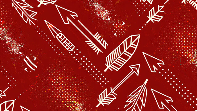 A captivating pattern consisting of repeating dots and minimal items on a red background. indigenous arrows and minimal native feathers, Generative AI