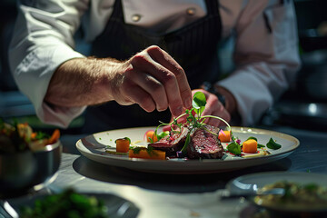 close up image of a fine dining chef finishing to plate a fancy beef dish Generative AI