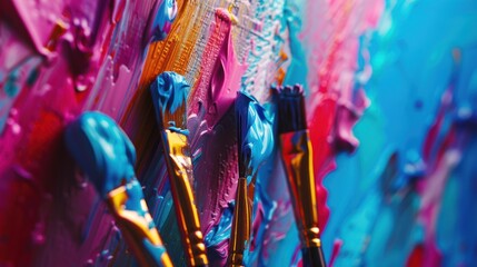 bright multicolored creative background, a group of brushes with paint on the background of a multicolored spectrum canvas, the idea of creativity banner, team first person view realistic daylight