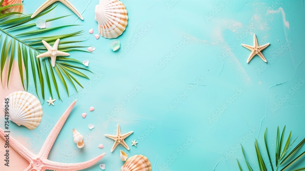 Fototapete tropical background with palm trees branches with starfish and seashell on blue background. copy spa