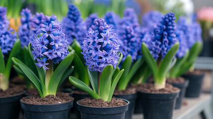 Fototapeta premium Vibrant Hyacinths - Purple Spring Flowers Blooming in Pots