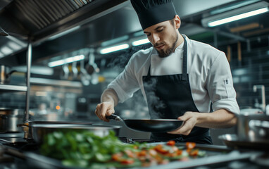 Portrait of a professional chef with hat in a modern restaurant kitchen while using a frying pan.