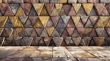 Triangular Mosaic Tiles arranged in the shape of a wall. Semigloss, Natural Stone, Bricks stacked to create a Textured block background. 3D Render