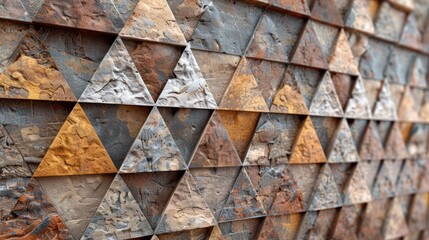 Triangular Mosaic Tiles arranged in the shape of a wall. Semigloss, Natural Stone, Bricks stacked to create a Textured block background. 3D Render