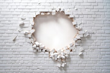 Broken white brick wall with hole in it. Concept of destruction