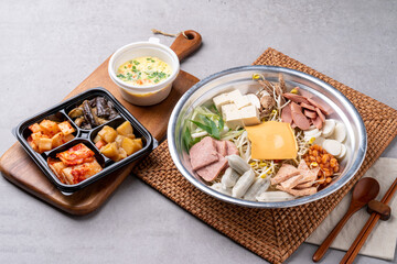 Korean food, budae jjigae, galbitang, earthen pot, bulgogi, pork belly, grilled, side dishes, kimchi, cucumbers, potatoes, vegetables