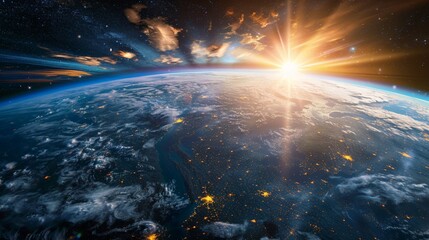 Panoramic view on planet Earth globe from space with rising sun. Earth planet viewed from space, 3d render of planet Earth. - obrazy, fototapety, plakaty