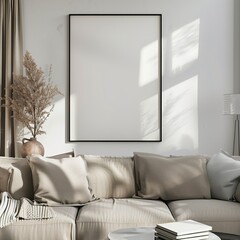 Mockup vertical poster frame in scandinavian style living room interior on the white wall, modern living room interior background, white sofa and house plant, books