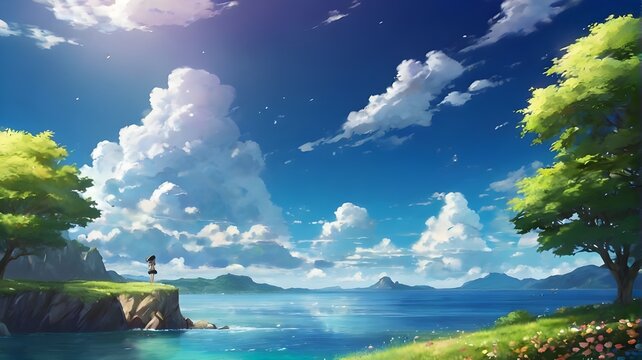 anime fantasy wallpaper background concept : 
Serene Horizon: Landscape featuring sky, clouds, and a tranquil lake, generative ai