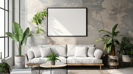 Mockup horizontal poster frame in scandinavian style living room interior, modern living room interior background, white sofa and house plant, coffee table
