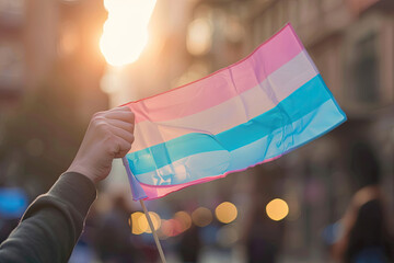 Close up of a transgender flag being waved - obrazy, fototapety, plakaty