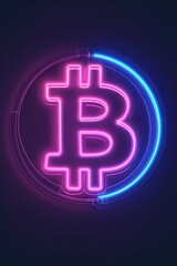Obraz premium Neon Bitcoin symbol with pink and blue lights against a dark background