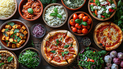 Overhead view of variety of pizza and salad serve