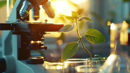 microscope and young plant in science test tube , lab research biochemistry , biotechnology concept