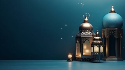 Eid al-Fitr is portrayed with a blue background and a 3D golden half-moon, evoking an Islamic concept. The image is adorned with dates and colorful lantern light lamps. - obrazy, fototapety, plakaty
