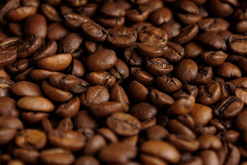 coffee beans are on table after roasting. Fresh converted coffee beans before packing in paper bag. Ground coffee for making Americano or cappuccino. grain cultivation and harvesting