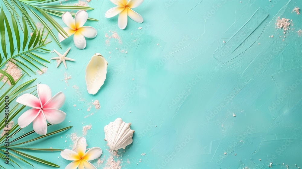 Fototapete tropical background with palm trees branches with starfish and seashell on blue background. copy spa