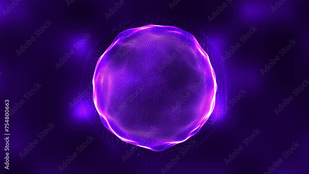Poster purple high tech field with glow particles on sphere. 3d animation