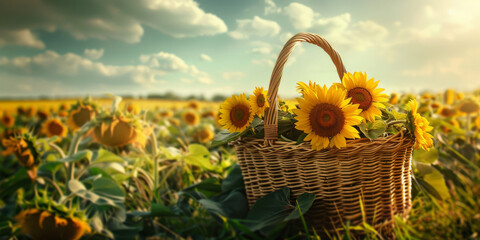 Wicker basket full of bright sunflowers in a blooming field under a calm, serene blue sky signifies growth and seasonal beauty