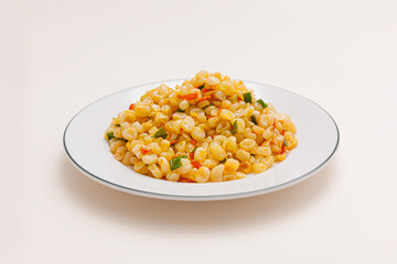 Bap Xao, Stir fried corn with onion, Vietnamese food isolated on white background, perspective view