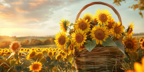 A wicker basket full of sunflowers in a blooming field during sunset, radiating warmth and natural beauty
