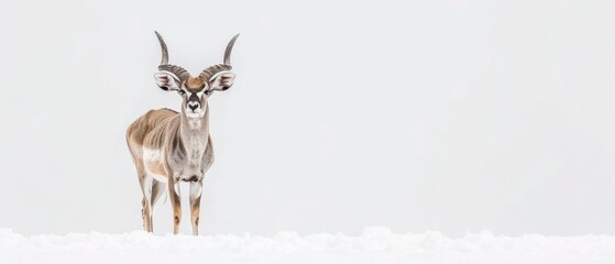  an antelope standing in the snow looking at the camera with its long horns sticking out of the snow.