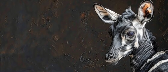  a close up of a zebra's face with water droplets on it's face and a black background.