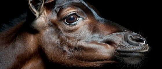  a close up of a horse's face with it's head turned to the side with it's eyes wide open. - obrazy, fototapety, plakaty