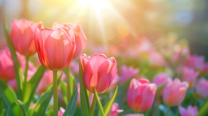spring tulips in bloom, zoomed in, sun ray in the background