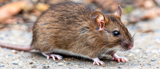  a close up of a rodent on the ground with a blurry background of rocks and leaves in the foreground.