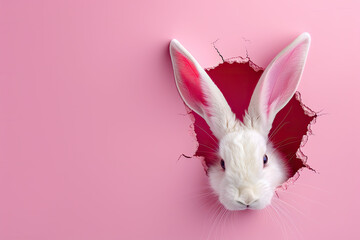 cute easter bunny poking out of a hole in a bright color wall. Happy easter background - obrazy, fototapety, plakaty
