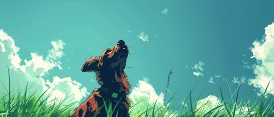  a painting of a dog in the grass looking up at a blue sky with puffy clouds in the background.