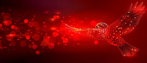  a red bird flying through the air with a red light on it's back and it's wings spread out.