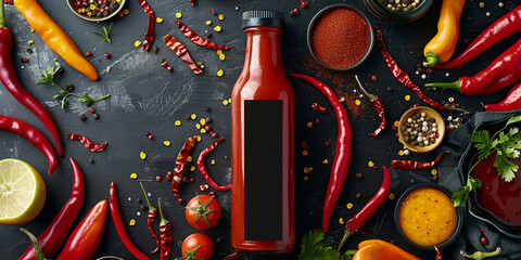 Vivid hot sauce bottle centered among colorful chili peppers, spices, and ingredients, ideal for culinary concepts
