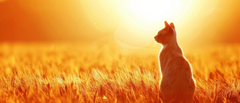  a cat sitting in the middle of a field of grass looking up at a bright yellow sun in the distance.