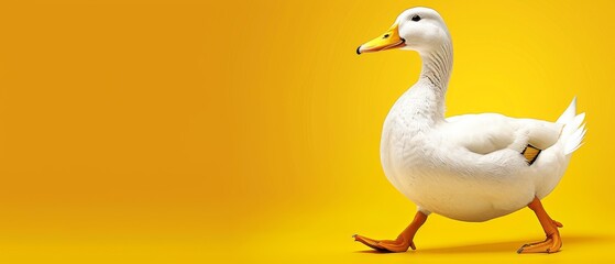  a white duck with a yellow beak is walking in front of a yellow background with a yellow spot in the middle of the image.