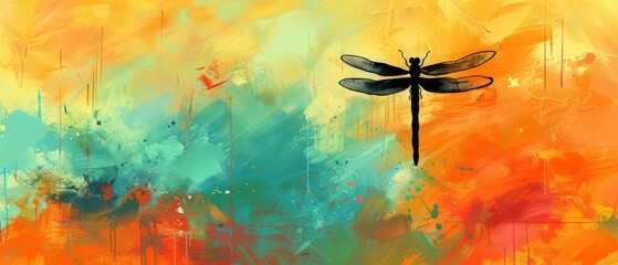 Obraz na płótnie Canvas a painting of a dragonfly on a yellow, blue, green, and orange background with a splash of paint.