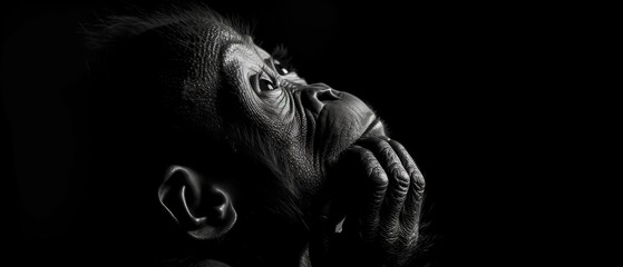  a black and white photo of a chimpan holding his hands to his face in front of his face.