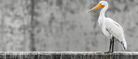  a white bird with a long orange beak standing on a concrete ledge in front of a gray wall and a black and white background.