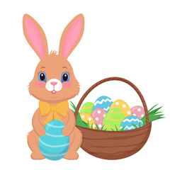 Happy Easter, Easter bunny and basket with eggs isolated on white background, congratulation, design element