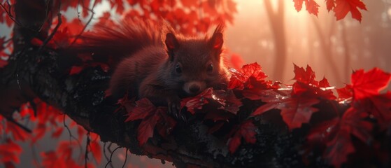  a squirrel is sitting on a tree branch with red leaves in the foreground and a sunbeam in the background.