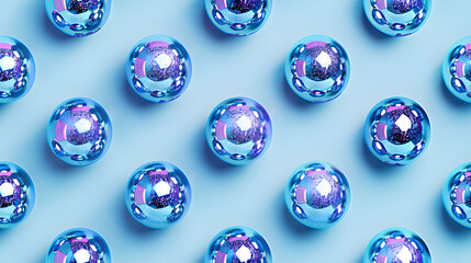 flat lay, symmetric pattern made of medium purple silver eggs with discoball texture on light blue pastel background