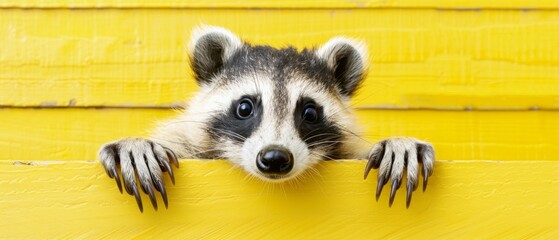  a close up of a raccoon peeking out from behind a yellow wooden wall with it's paws on the edge of the wall.