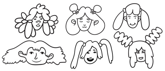 set of girls portrait in doodle style in vector. line art for avatar design sticker coloring postcard poster print