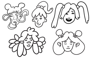 set of girls portrait in doodle style in vector. line art for avatar design sticker coloring postcard poster print